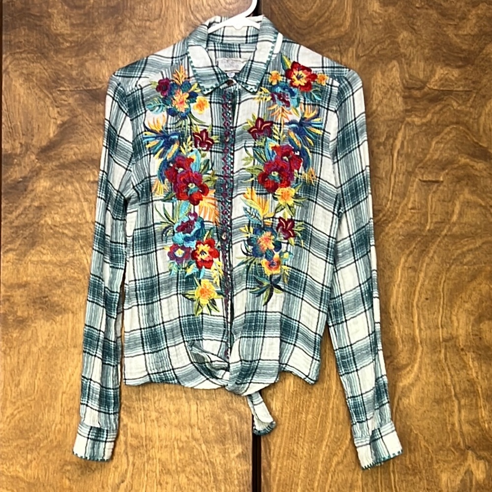 Johnny Was workshop. Nandi Estelle-Plaid button down tie-front shirt.